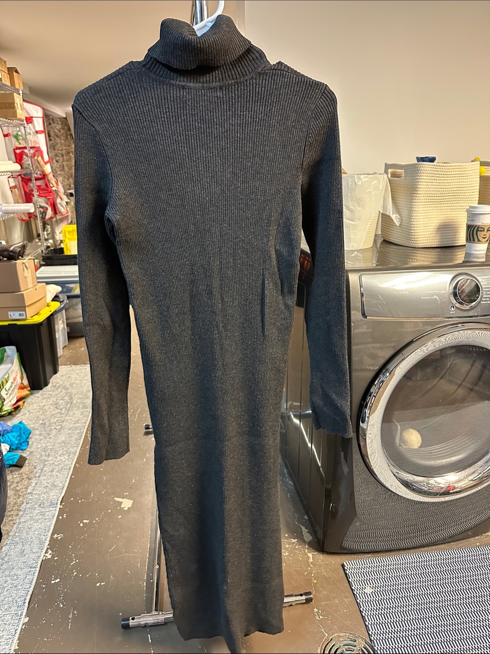 Zara Black Ribbed Turtleneck Midi Dress
